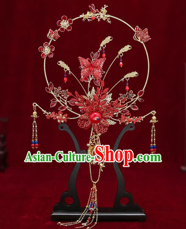 Chinese Handmade Wedding Red Butterfly Plum Palace Fans Classical Fans Ancient Bride Tassel Round Fans