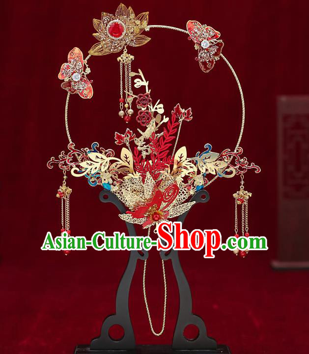 Chinese Handmade Wedding Red Butterfly Lotus Palace Fans Classical Fans Ancient Bride Tassel Round Fans