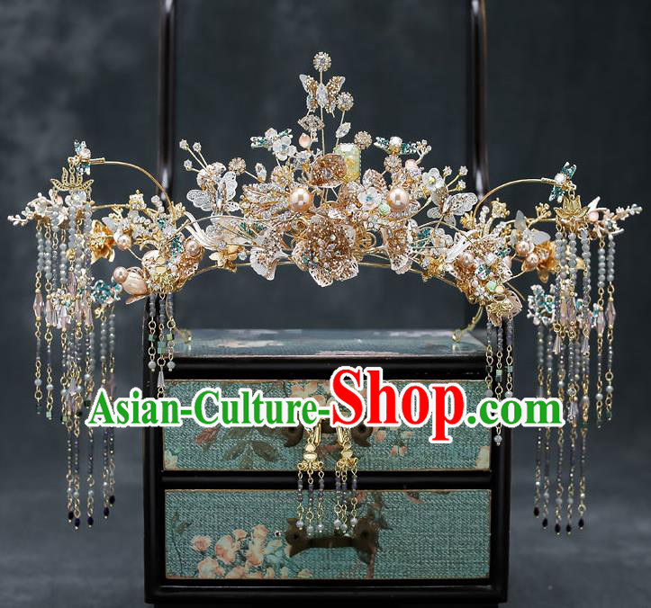 Chinese Classical Wedding Golden Hair Crown Handmade Hair Accessories Ancient Bride Hairpins Crystal Butterfly Phoenix Coronet Complete Set