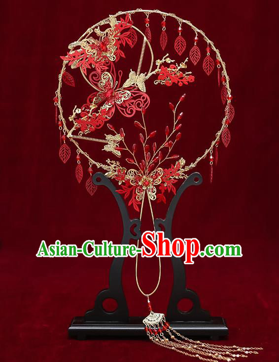 Chinese Handmade Wedding Red Leaf Palace Fans Classical Fans Ancient Bride Butterfly Round Fans