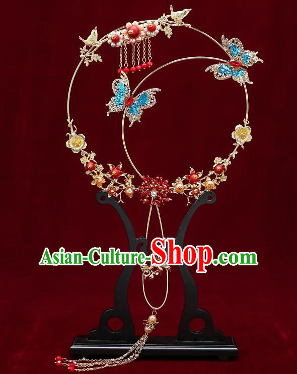 Chinese Handmade Wedding Palace Fans Classical Fans Ancient Bride Blue Crystal Butterfly Round Fans