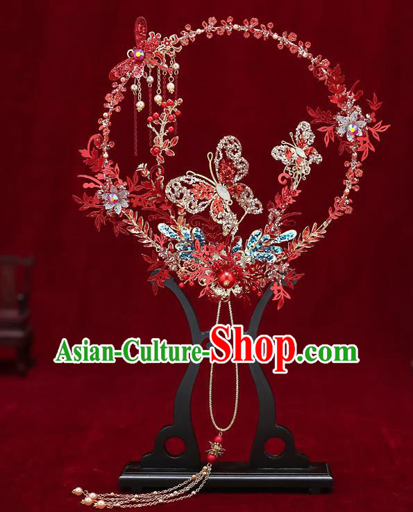 Chinese Handmade Wedding Red Dragonfly Butterfly Palace Fans Classical Fans Ancient Bride Round Fans