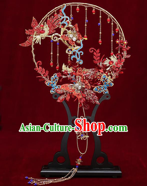 Chinese Handmade Wedding Crystal Red Palace Fans Classical Fans Ancient Bride Blueing Butterfly Round Fans