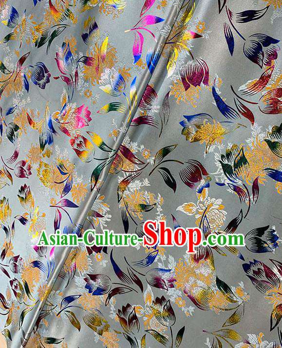 Chinese Traditional Tulip Pattern Grey Silk Fabric Brocade Drapery Qipao Dress Damask Material