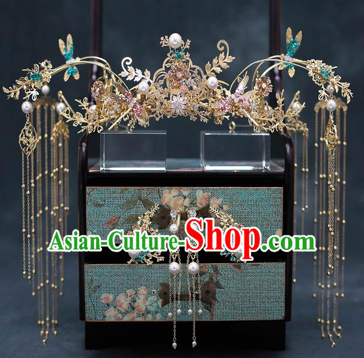 Chinese Handmade Classical Wedding Hair Accessories Ancient Bride Hairpins Green Dragonfly Phoenix Coronet Complete Set