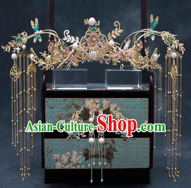 Chinese Handmade Classical Wedding Hair Accessories Ancient Bride Hairpins Green Dragonfly Phoenix Coronet Complete Set