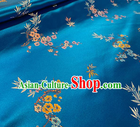Chinese Traditional Plum Bamboo Pattern Blue Silk Fabric Brocade Drapery Cheongsam Damask Material