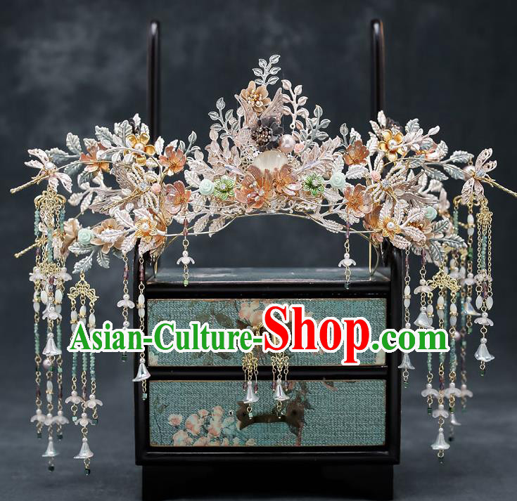 Chinese Handmade Flowers Hair Crown Classical Wedding Hair Accessories Ancient Bride Hairpins Phoenix Coronet Complete Set