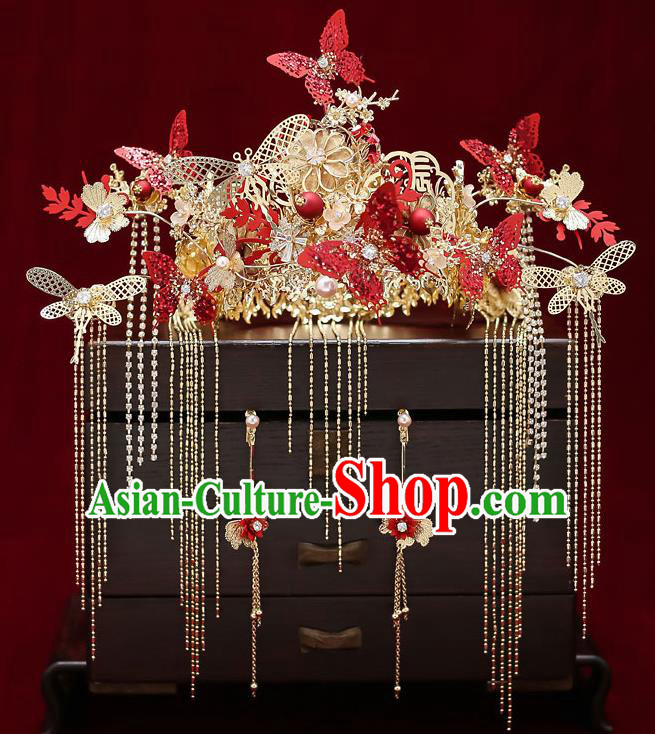 Chinese Handmade Red Butterfly Hair Crown Classical Wedding Hair Accessories Ancient Bride Hairpins Phoenix Coronet Complete Set