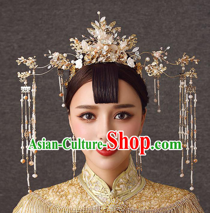 Chinese Handmade Beads Tassel Hair Crown Classical Wedding Hair Accessories Ancient Bride Hairpins Phoenix Coronet Complete Set