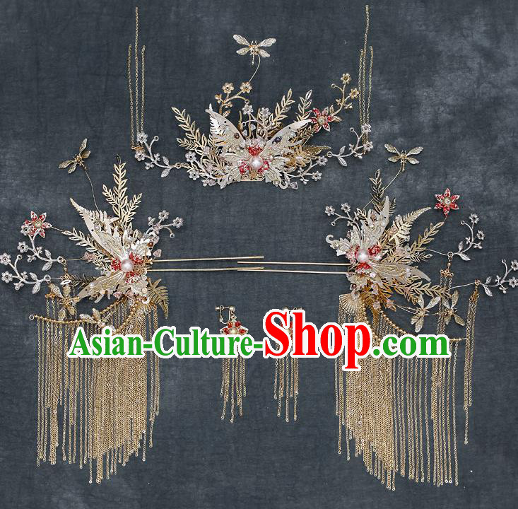 Chinese Handmade Butterfly Hair Comb Classical Wedding Hair Accessories Ancient Bride Tassel Hairpins Complete Set