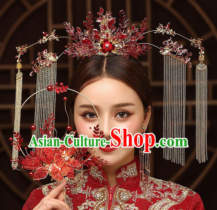 Chinese Handmade Red Phoenix Coronet Classical Wedding Hair Accessories Ancient Bride Tassel Hairpins Complete Set