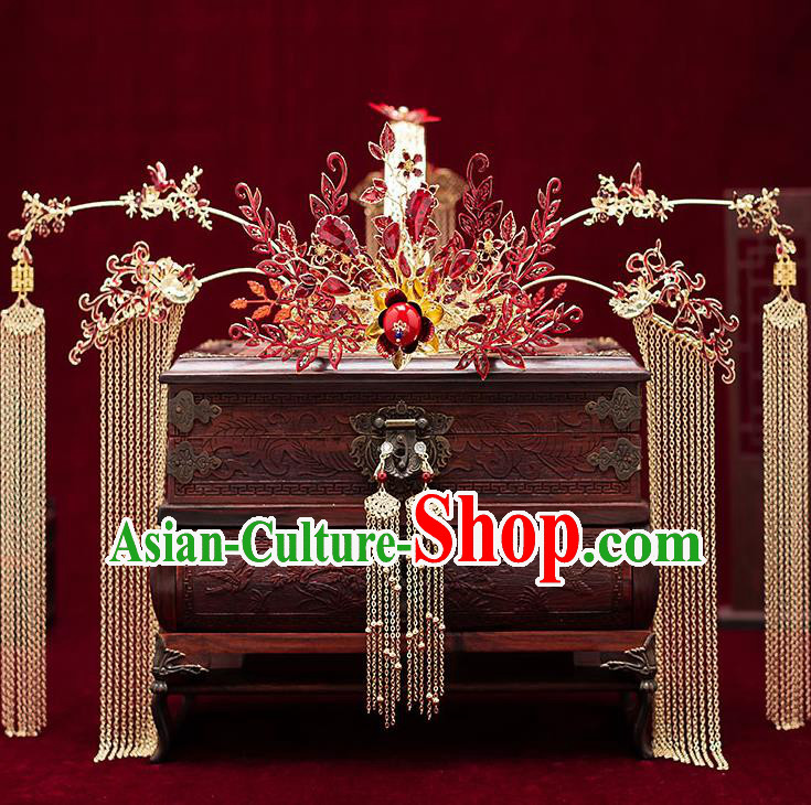 Chinese Handmade Phoenix Coronet Classical Wedding Hair Accessories Ancient Bride Hairpins Red Crystal Hair Crown Complete Set