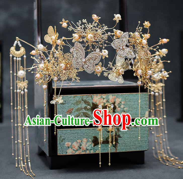 Chinese Handmade Butterfly Phoenix Coronet Classical Wedding Hair Accessories Ancient Bride Hairpins Golden Hair Crown Complete Set