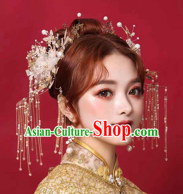 Chinese Handmade Silk Flowers Hair Comb Classical Wedding Hair Accessories Ancient Bride Hairpins Tassel Step Shake Complete Set