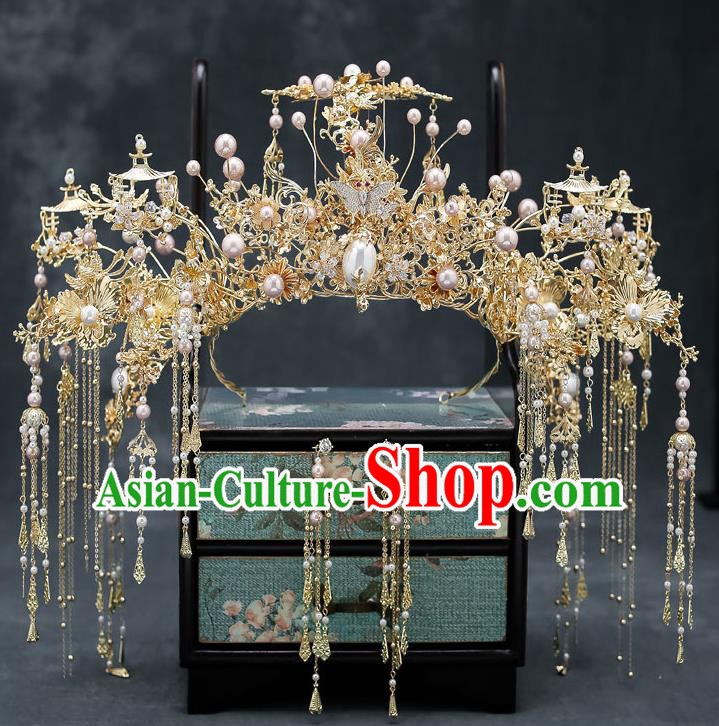 Chinese Handmade Hair Crown Classical Wedding Hair Accessories Ancient Bride Hairpins Pearls Phoenix Coronet Complete Set