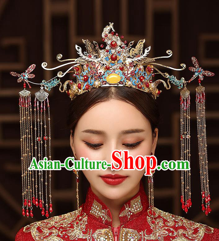 Chinese Handmade Dragonfly Hair Crown Classical Wedding Hair Accessories Ancient Bride Hairpins Blueing Phoenix Coronet Complete Set