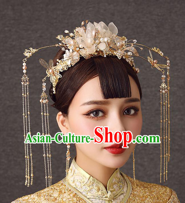 Chinese Handmade Golden Hair Crown Classical Wedding Hair Accessories Ancient Bride Hairpins Silk Flowers Phoenix Coronet Complete Set