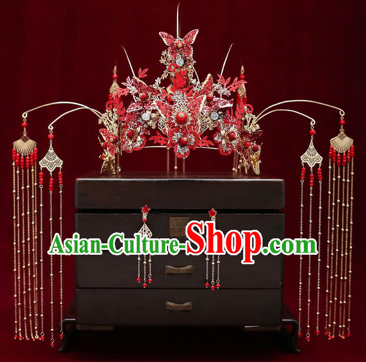 Chinese Handmade Red Butterfly Hair Crown Classical Wedding Hair Accessories Ancient Bride Hairpins Tassel Phoenix Coronet Complete Set