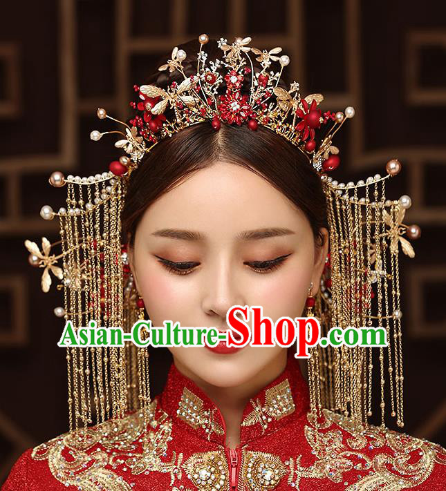 Chinese Handmade Golden Tassel Hair Crown Classical Wedding Hair Accessories Ancient Bride Hairpins Dragonfly Phoenix Coronet Complete Set