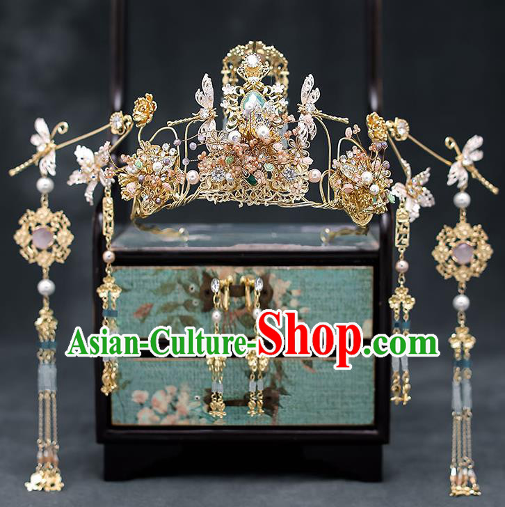 Chinese Handmade Tassel Hair Crown Classical Wedding Hair Accessories Ancient Bride Hairpins Phoenix Coronet Complete Set