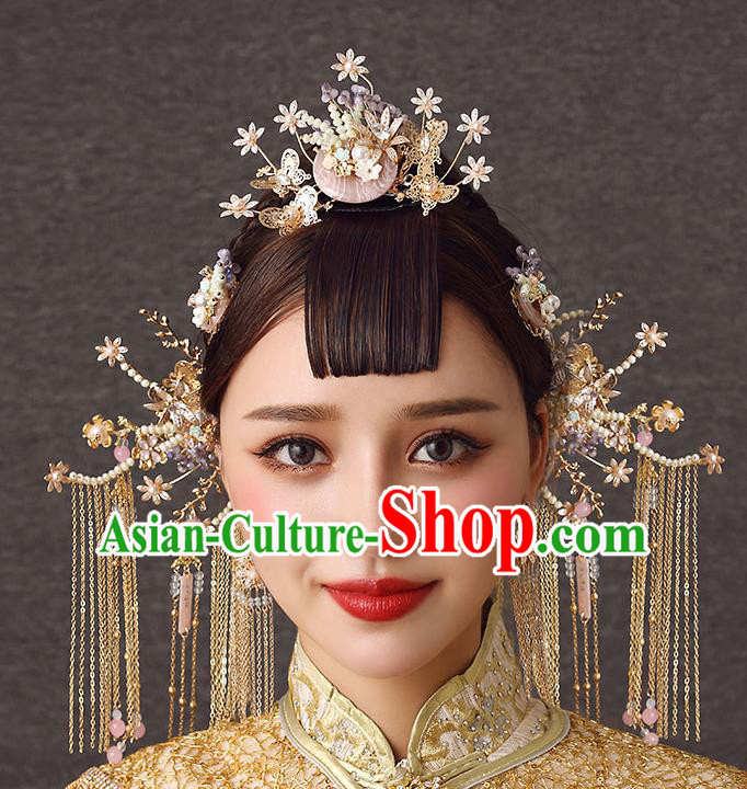 Chinese Handmade Hair Comb Classical Wedding Hair Accessories Ancient Bride Pearls Tassel Hairpins Complete Set