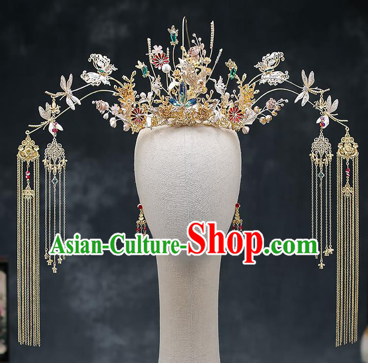 Chinese Handmade Golden Phoenix Coronet Classical Wedding Hair Accessories Ancient Bride Hairpins Tassel Hair Crown Complete Set