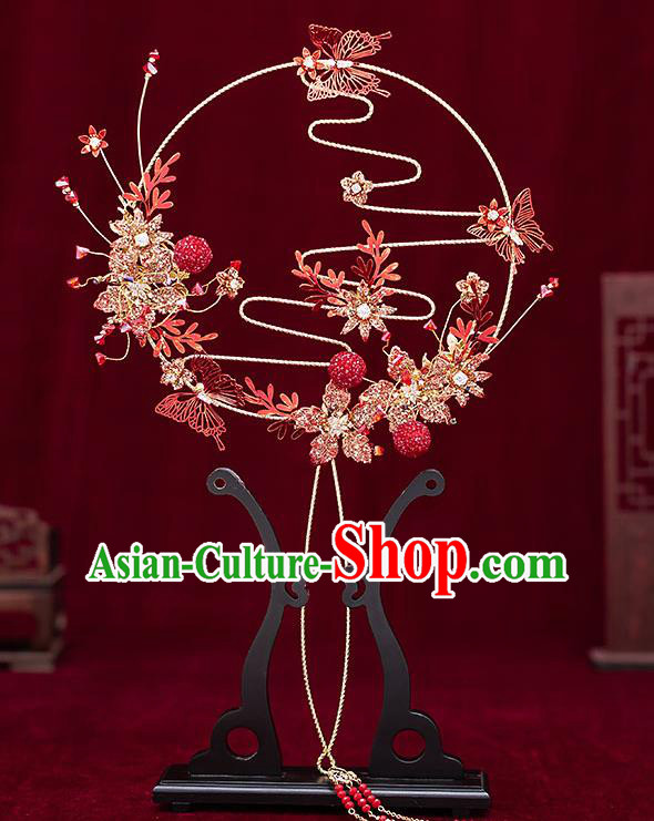 Chinese Handmade Red Palace Fans Classical Fans Ancient Bride Butterfly Round Fans