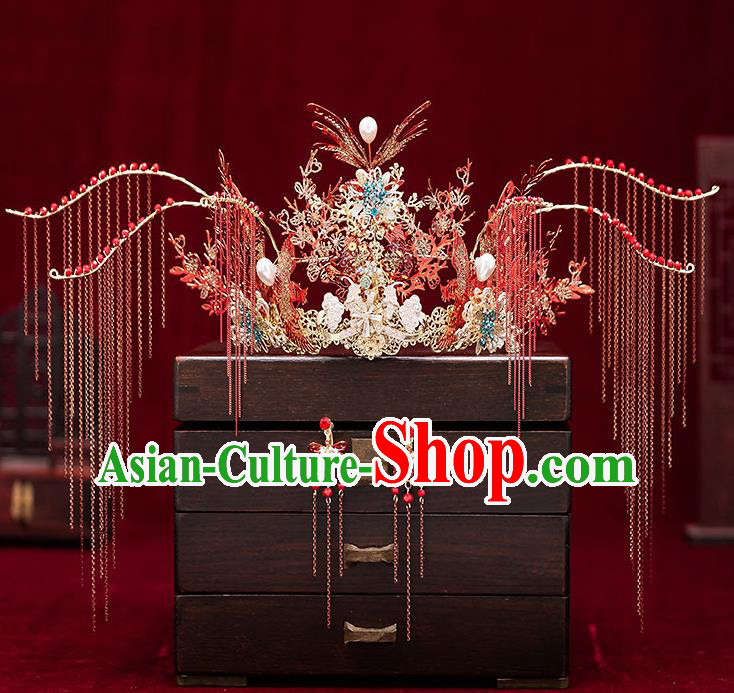 Chinese Handmade Red Tassel Phoenix Coronet Classical Wedding Hair Accessories Ancient Bride Hairpins Headwear Complete Set