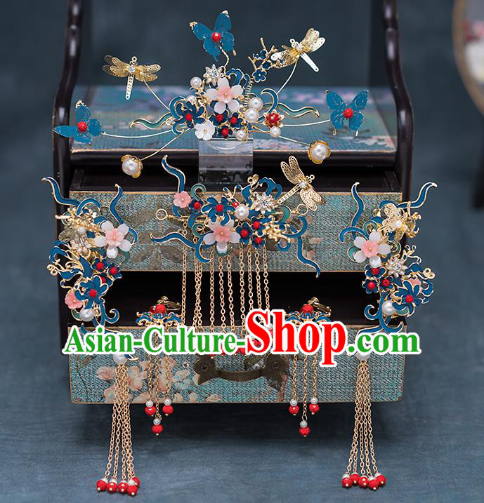 Chinese Handmade Blueing Dragonfly Hair Comb Classical Wedding Hair Accessories Ancient Bride Hairpins Tassel Hair Sticks Complete Set