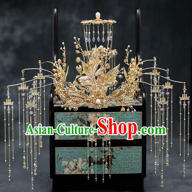 Chinese Handmade Golden Leaf Phoenix Coronet Classical Wedding Hair Accessories Ancient Bride Hairpins Complete Set