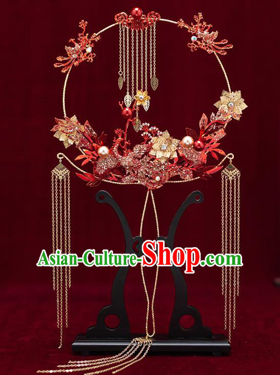 Chinese Handmade Palace Fans Classical Fans Ancient Bride Props Red Crystal Phoenix Tassel Fans