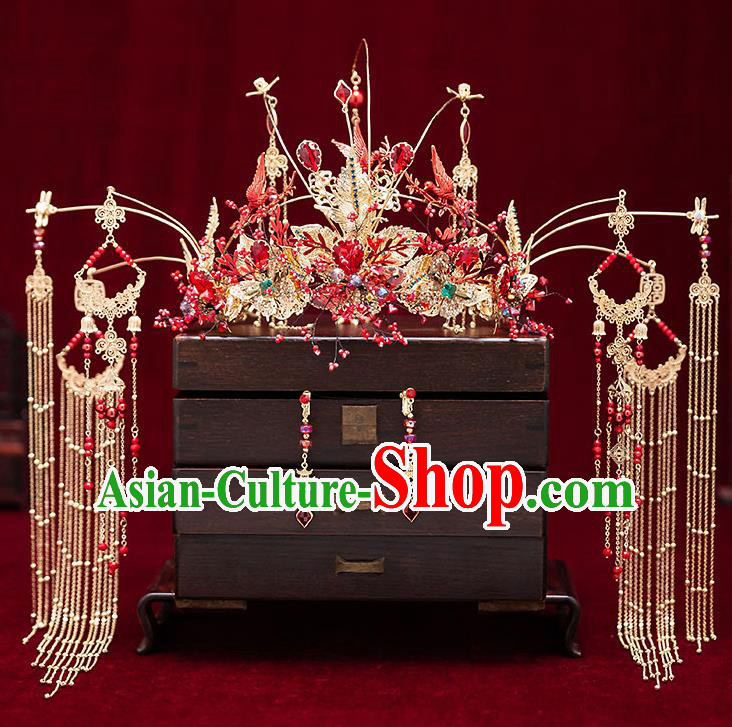 Chinese Handmade Phoenix Coronet Classical Wedding Hair Accessories Ancient Bride Hairpins Golden Hair Crown Complete Set