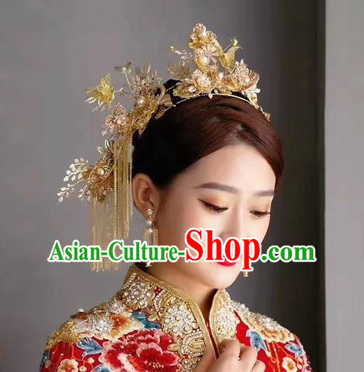 Chinese Handmade Golden Plum Phoenix Coronet Classical Wedding Hair Accessories Ancient Bride Hairpins Hair Crown Complete Set