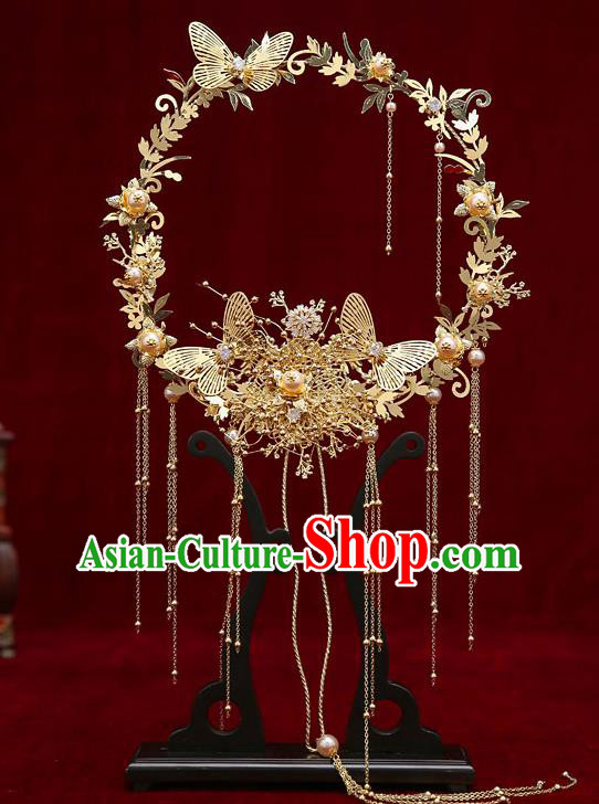 Chinese Handmade Golden Palace Fans Classical Fans Ancient Bride Props Butterfly Fans