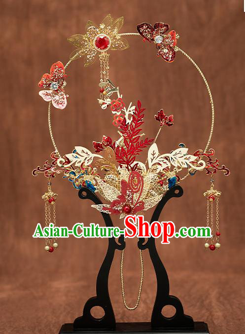 Chinese Handmade Golden Lotus Palace Fans Classical Fans Ancient Bride Props Red Butterfly Fans