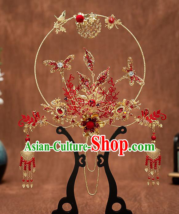 Chinese Handmade Golden Palace Fans Classical Fans Ancient Bride Props Red Dragonfly Fans