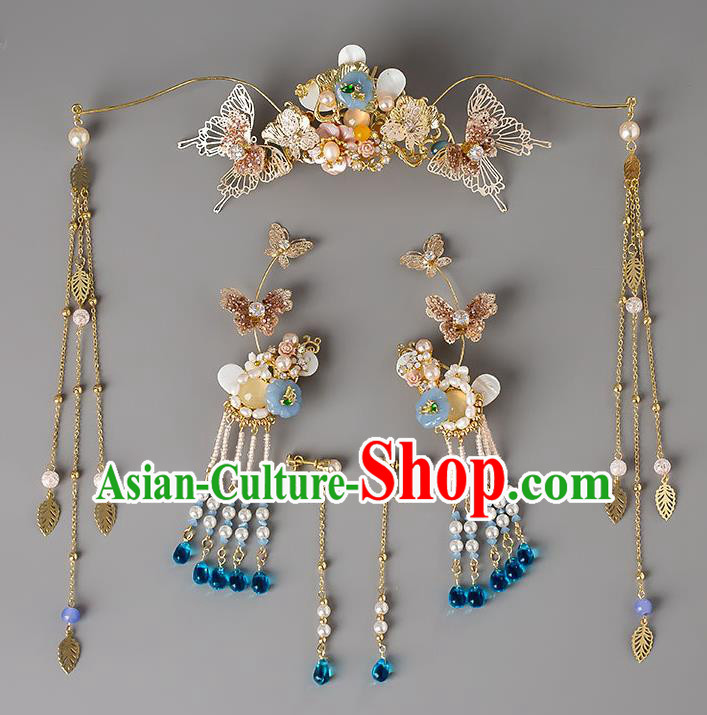 Chinese Handmade Butterfly Hair Crown Classical Wedding Hair Accessories Ancient Bride Hairpins Hair Sticks Complete Set