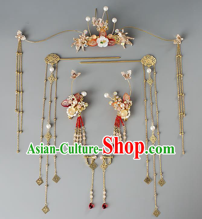 Chinese Handmade Golden Tassel Hair Crown Classical Wedding Hair Accessories Ancient Bride Hairpins Complete Set