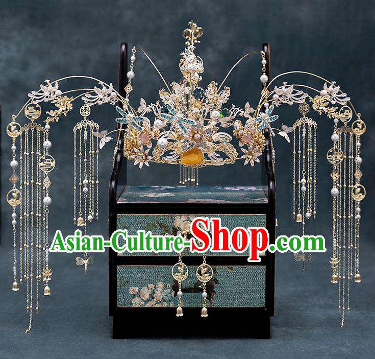 Chinese Handmade Tassel Hair Crown Classical Wedding Hair Accessories Ancient Bride Hairpins Phoenix Coronet Complete Set