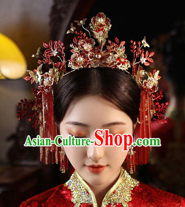 Chinese Handmade Red Tassel Hair Crown Classical Wedding Hair Accessories Ancient Bride Hairpins Complete Set