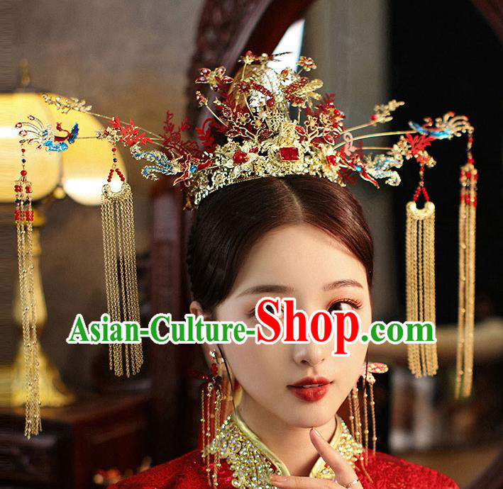 Chinese Handmade Blueing Phoenix Coronet Classical Wedding Hair Accessories Ancient Bride Hairpins Tassel Hair Crown Complete Set