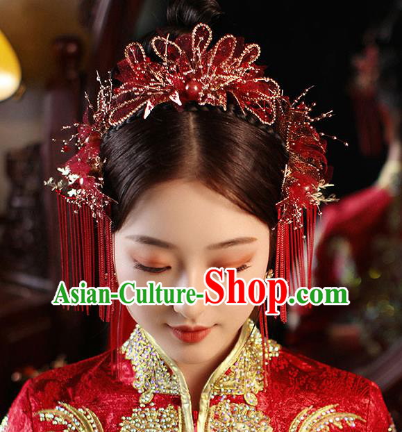 Chinese Handmade Red Flowers Hair Crown Classical Wedding Hair Accessories Ancient Bride Hairpins Tassel Hair Sticks Complete Set