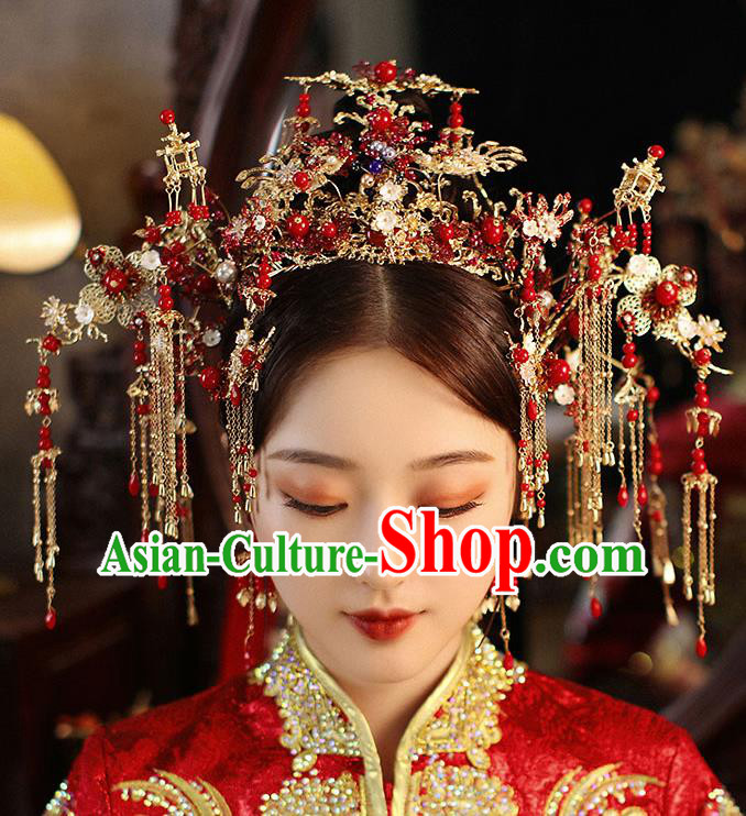 Chinese Handmade Red Beads Hair Crown Classical Wedding Hair Accessories Ancient Bride Phoenix Coronet Hairpins Complete Set