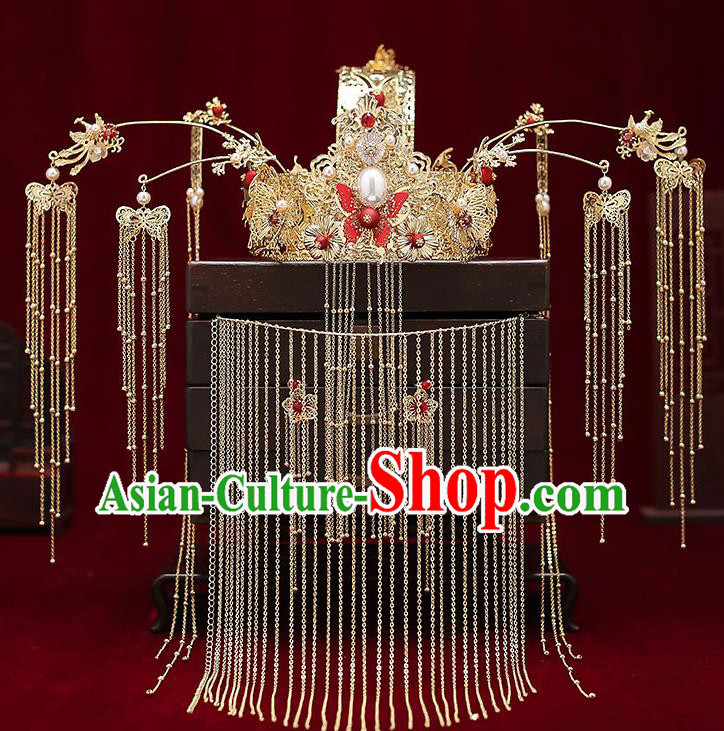 Chinese Handmade Tassel Hair Crown Classical Wedding Hair Accessories Ancient Bride Phoenix Coronet Hairpins Complete Set