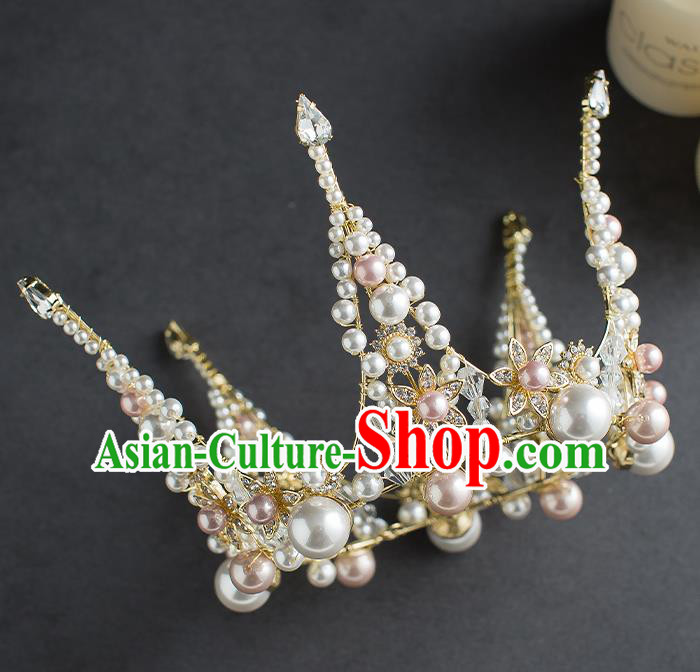 Handmade Baroque Pearls Round Royal Crown Wedding Hair Accessories Classical European Bride Headwear Hair Clasp