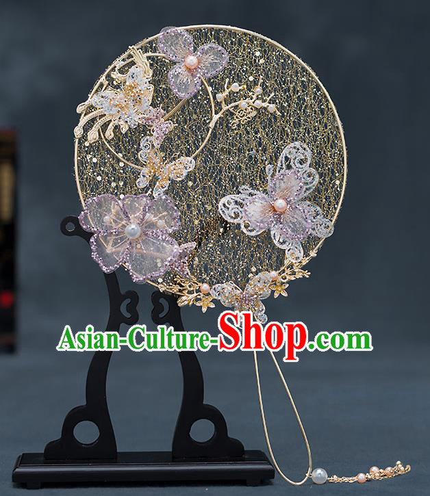 Chinese Handmade Golden Palace Fans Classical Fans Ancient Bride Props Lilac Butterfly Flowers Round Fans