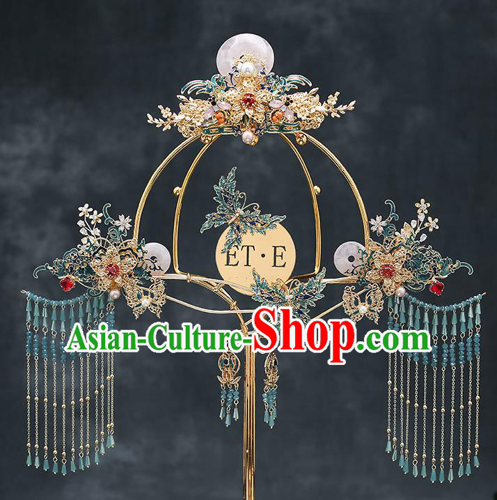 Chinese Handmade Jade Hair Crown Classical Wedding Hair Accessories Ancient Bride Hair Comb Hairpins Complete Set