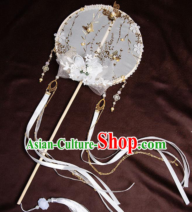 Chinese Handmade White Ribbon Palace Fans Classical Fans Ancient Bride Props Silk Flowers Round Fans