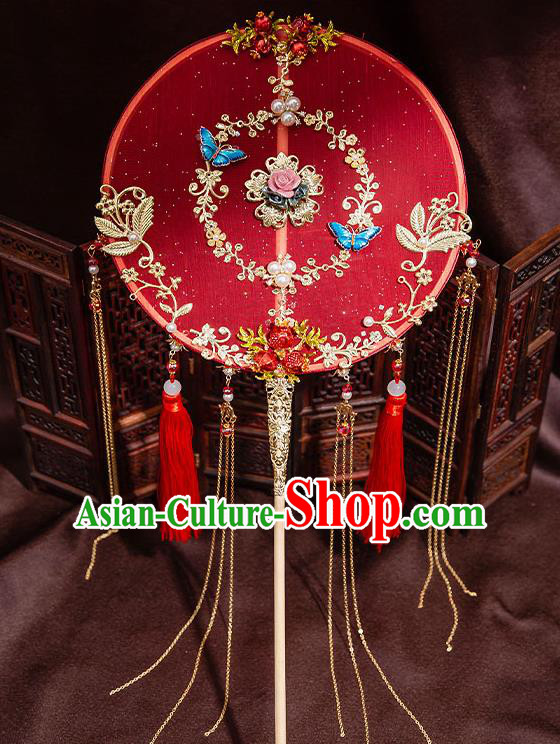 Chinese Handmade Tassel Palace Fans Classical Fans Ancient Bride Props Red Silk Round Fans